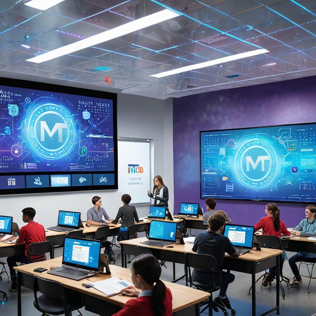 A dynamic, futuristic classroom filled with students engaging with holographic screens displaying the MSBTE logo, schedules, and resources. In the background, a digital calendar and resource list hover in the air, highlighting the essence of updates and organization. Vector art. vibrant colors. modern design.