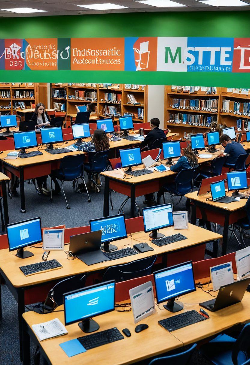 A dynamic, energetic library setting with students eagerly engaged with laptops and textbooks, featuring prominent bulletin boards filled with academic resources. Include a prominently displayed MSBTE logo, showcasing a network of resources, digital and printed, that are critical to academic success. vibrant colors. super-realistic.