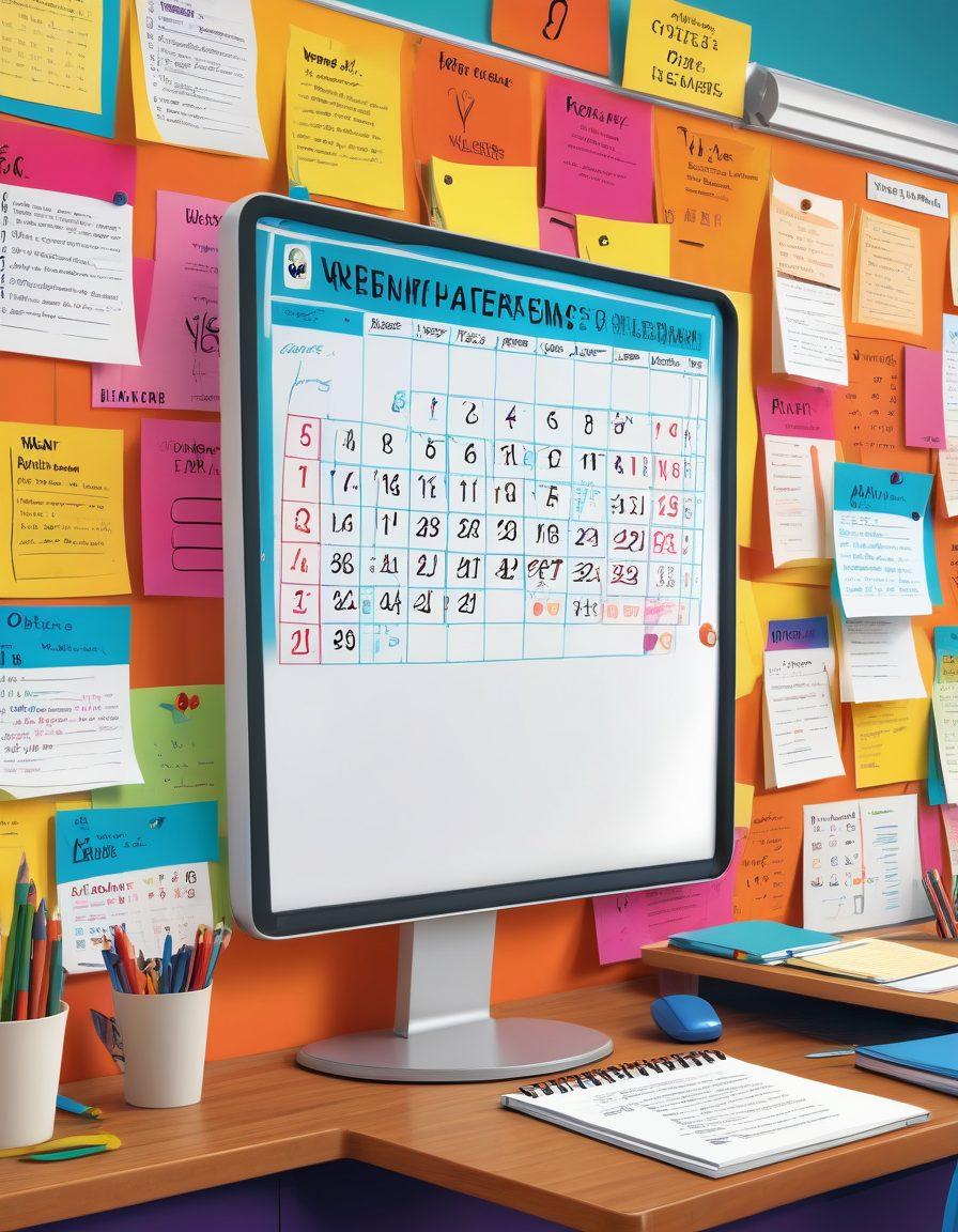 A dynamic digital bulletin board displaying vibrant sheets pinned with key notifications, exam dates, and announcements. Include symbols of excitement like exclamation marks, a calendar with highlighted dates, and a megaphone to signify important updates. Students gathered eagerly in the background, checking the board. vector art. vibrant colors.